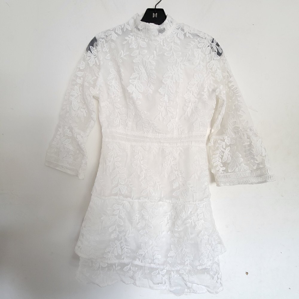 Boohoo Mock Neck White Floral Lace Mesh Layered Flare Sleeve Mini Dress Size 4